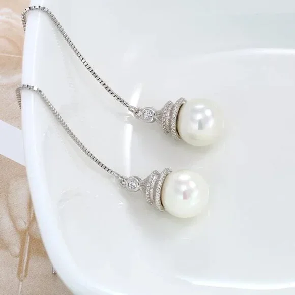 Cultured 7.75mm Pearl Earrings dangling from a 3.5 inch chain 18KY Plated - Picture 2 of 7